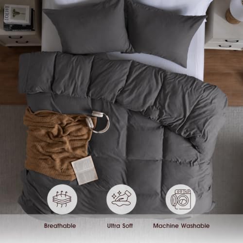 Image of Washed Gray Blue Duvet Cover Set Queen Size,2 Pillow Shams,No Comforter | Prewashed Microfiber, 4 Corner Ties, Button Closure, Ultra Soft, Cotton-Like, All Seasons, Queen Duvet Cover 90x90 in