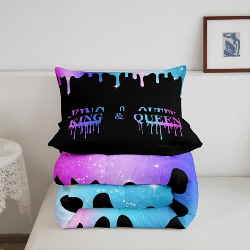 Image of Feelyou King and Queen Kids Comforter Twin, Purple Blue Mr Mrs Comforter Set for Man Woman His and Hers Bedding Set Presents Duvet Set with 1 Pillow Case