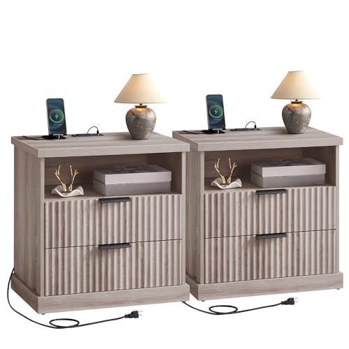 VASAGLE MAXE Collection – Set of 2 Nightstands with Charging Station, Fluted Night Stand, Bedside Table, Mid Century Modern Side End Table, 2 Drawers, 2 AC Outlets, 2 USB Ports, Washed Gray ULET926G01