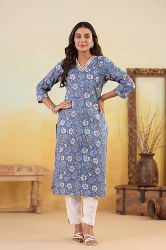 Image of Ichaa Women's Pure Cotton Embroidered V-Neck Ethnic Kurta with 3 /4th Sleeve for Daily and Office Wear, in Plus Sizes