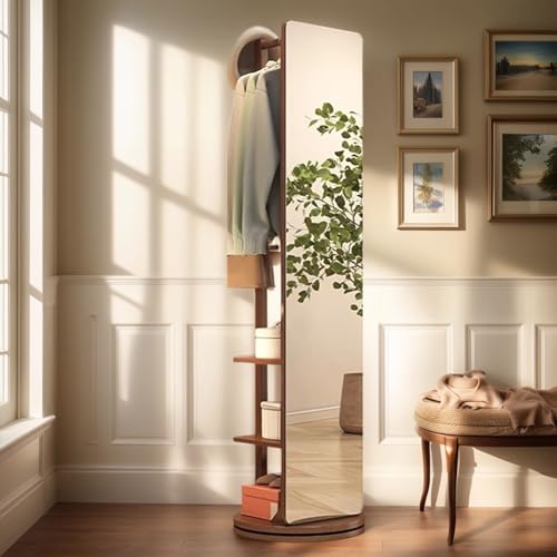 Espejo giratorio de 360° de longitud completa con percheros – Espejo de pie 2 en 1 de madera maciza y gancho para armario de dormitorio, ahorra espacio para abrigos y accesorios