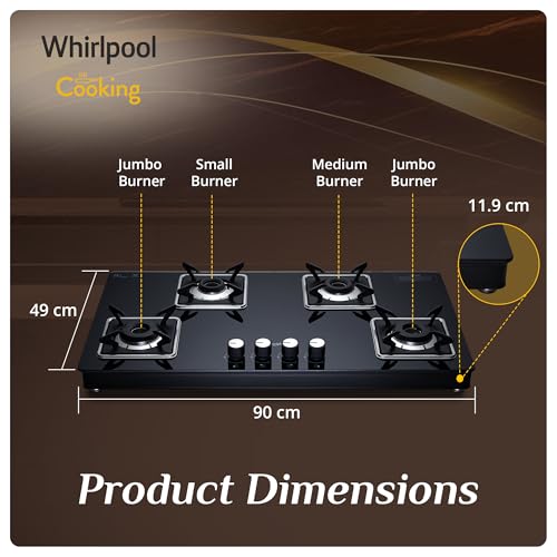 Image of Whirlpool 90cm 4 Burner Gas Stove | GRANDIOSA ULTRA LOTUS 904 CT BR | SABAF Brass Burners & Valves | 8mm Toughened Glass Top | Dual-Tone Designer Knobs | 10 Yr Burner & 5 Year Glass Warranty | Black