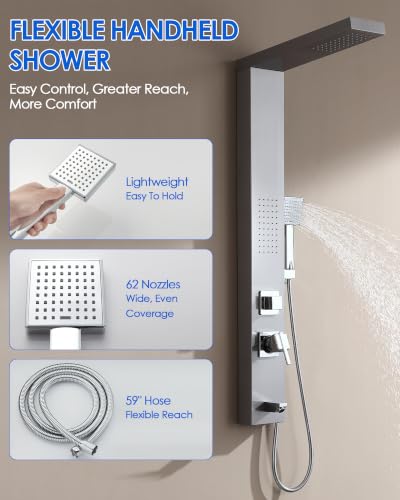 Image of ROVOGO Sleek Shower Panel Tower System, 4 Functions, 46-1 /2 inch H, Brushed