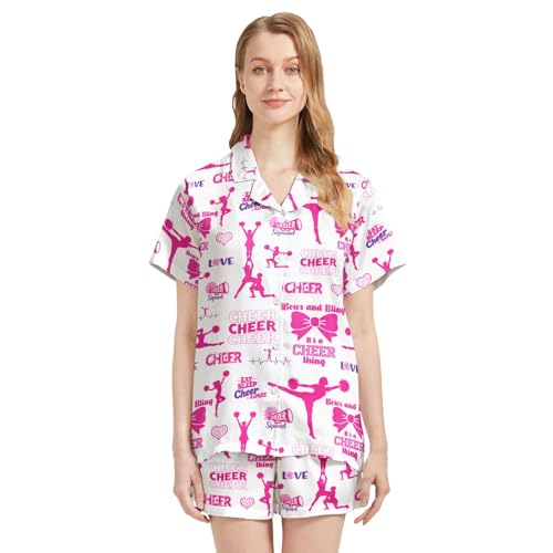 Image of Funny Pajamas for Women Set Print Satin Loungewear Pjs Short Sleeve Button Down Top and Shorts Sets Sleepwear XS-3XL