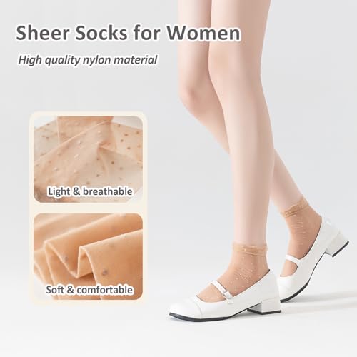 Mcool Mary 12 Pairs Women's Sheer Ruffled Socks Frilly Ankle High Nude Nylon Dot Stocking Summer Ultra Thin Cool Silk Sock3
