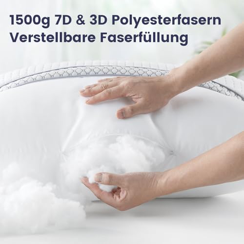 BedStory kopfkissen 80x80 mit abziehbarem Bezug,Verstellbare Faserfüllung Hotel Kissen mit reißverschluss, 2er Set Kissen aus 1500g x 2 mikrofaser, Waschbares nackenkissen für Allergiker – Bild 4