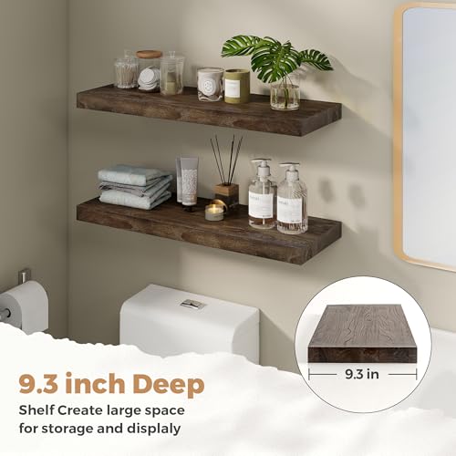 Image of RICHFOCUS Elm Floating Shelves for Wall - 30 inch W x 9.3 inch D Rustic Solid Wood Shelves with Invisible Bracket, Wall-Mounted for Living Room, Bedroom, Kitchen Storage & Display, Set of 2, Walnut