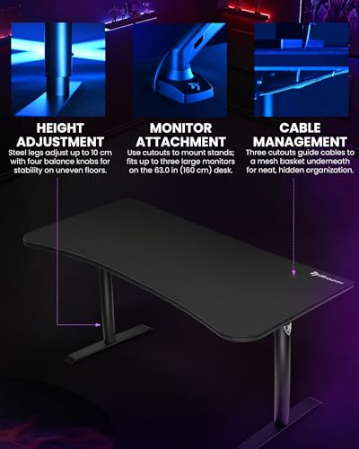 Image of Arozzi Arena Large Gamer Desk - 63x32 inch Adjustable Height PC Gaming Desk With Storage For Cables & Triple-Monitor Support - Full-Surface Washable Mousepad - Pure Black