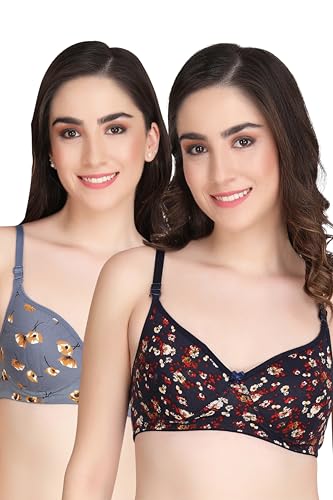Image of Flower Print Bra for Women - Made of Pure Cotton Full Coverage Non Wired Pushup Soft Cup for T-Shirt Saree Dress Sports Garment for Daily Use Everyday
