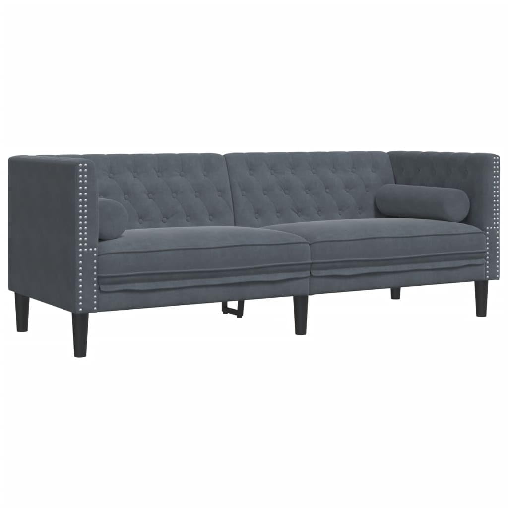 Chesterfield, divano in velluto a 3 posti, grigio scuro, 194 x 74,5 x 70,5 cm, con cuscino cervicale e chiusura a bottoni, comodo rinnovamento per soggiorno, camera da letto, ufficio