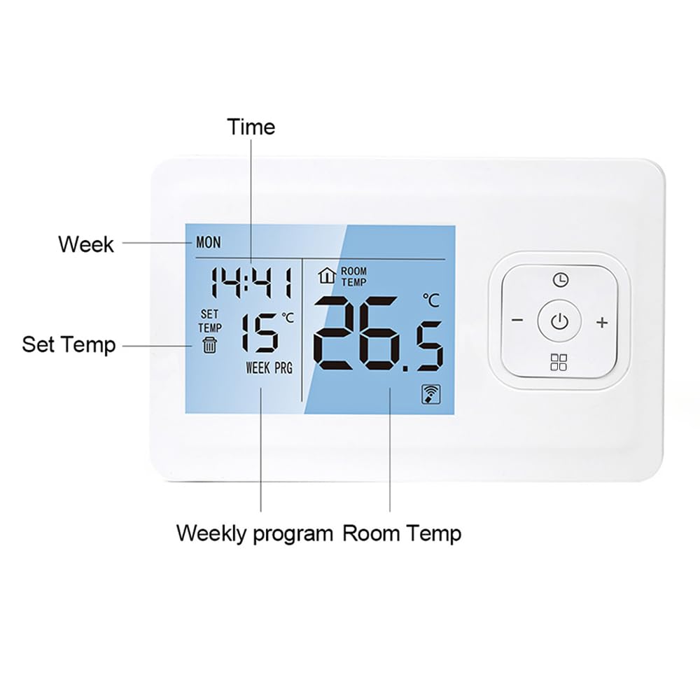 Termostat Wi-Fi, inteligentny termostat, bezprzewodowy, programowalny termostat z odbiornikiem RF, montowany na ścianie, sterowanie aplikacją, sterowanie głosem, kompatybilny z asystentem