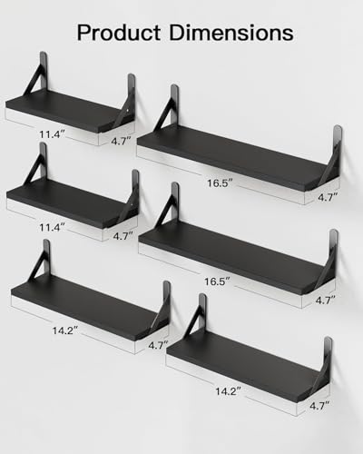 Pipishell 6 Stück Wandregal Holz und Metall, Wandregale zur Aufbewahrung, Regale Für Wände, Maximale Belastung 40lbs, Für Wohnzimmer, Schlafzimmer, Büro, Badezimmer oder Küche,Schwarz