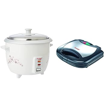 Prestige Delight PRWO 1-Litre Electric Rice Cooker (White) + Prestige PSMFS 700-Watt Sandwich Toaster (Bl
