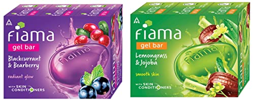 Image of Fiama Gel Bar Blackcurrant and Bearberry for radiant glowing skin 125 g soap (Pack of 3) & Fiama Gel Bar, Lemongrass And Jojoba for Smooth Skin 125g (Pack Of 3)