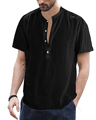 YAOBAOLE Herren Hemd Kurzarm Regular Fit Leinenhemd Freizeithemd Button Down Shirt Schwarz M Cover