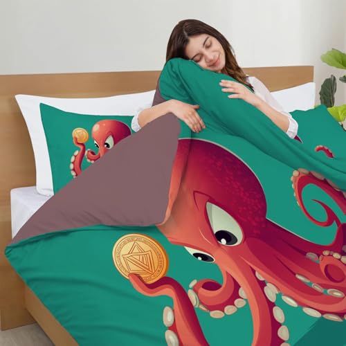 Linge de lit pieuvre rouge 220x240 housse de couette 3D réversible en microfibre - 6