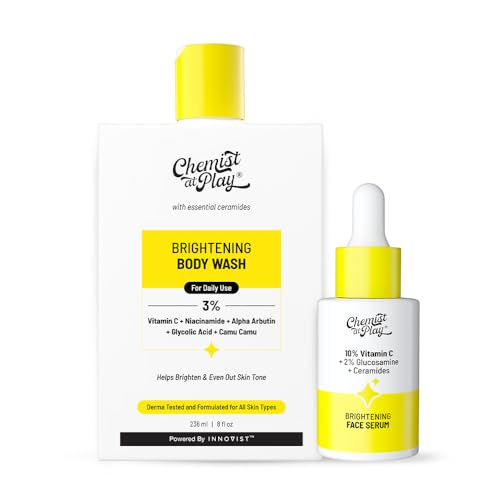 Image of Chemist At Play Brightening Body Wash & 10% Vitamin C Face Serum Combo | Brightens & Gives Glowing Skin, Fades Dark Spots, Evens Skin Tone | SLS & Paraben-Free | For All Skin Types | 236ml & 10ml