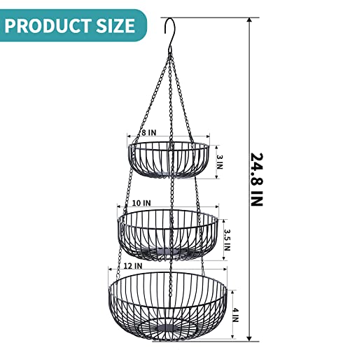 Aomryom 3 Tier Large Hanging Basket With Adjustable Wall Mount Ceiling Hanging Hooks, Modern Fruit And Vegetable Basket Space Saving, Kitchen Storage Baskets, Black Heavy Duty Wire Organizer #TOP1