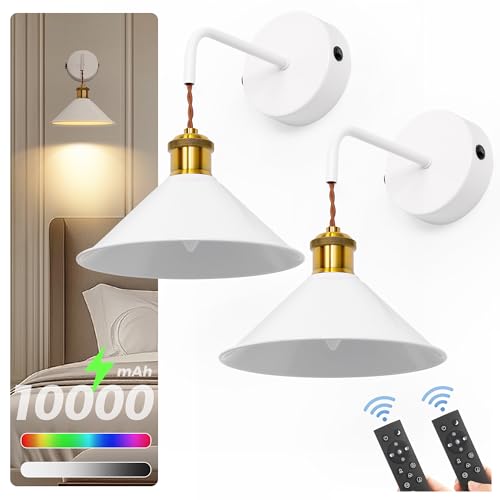 Image of DORESshop Battery Operated Wall Sconce Set of 2, 10000mAh Gold & White Wireless Rechargeable Wall Lights, Hanging Wire Wall Sconce, 9 Adjustable Sconces Wall Decor for Bedroom Living Room Hallway