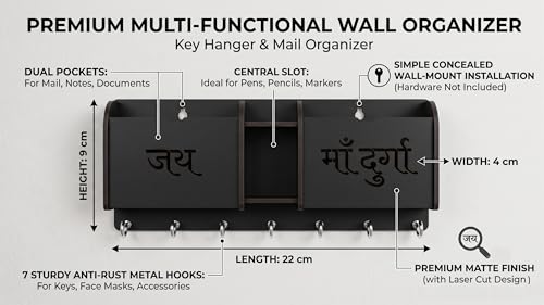Image of Premium 'Jai Maa Durga' Wooden Key Holder for Wall with 7 Anti-Rust Hooks | Multi-Functional Wall Organizer with Mail Holder, Dual Pockets & Pen Stand | Laser Cut Entryway Decor for Home & Office