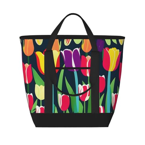 Sac isotherme grande capacité à motif tulipes noir taille unique pour courses et repas