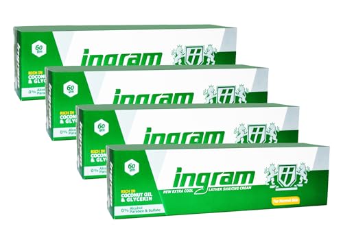 Image of Ingram New Extra Cool Lather Shave Cream Shaving (1 Tube = 2.11 oz / 60 gm) Glycerin Coconut Oil Egypt Arab Egyptian Smoother And Closer Shave (4 Pack = 8.46 oz / 240 gm) كريم حلاقة إنجرام الأخضر