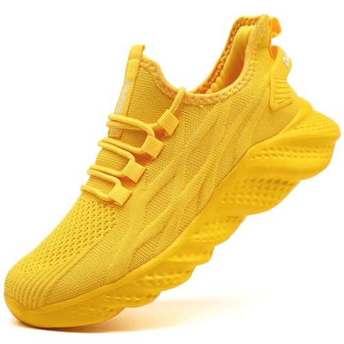 GDEBYZ Mens Walking Running Shoes Sneakers Tennis Athletic Non Slip On Sports Fitness Casual Workout Lightweight Breathable Trainers Gym Fashion Mesh Soft Comfortable Shoes Yellow Size US 10