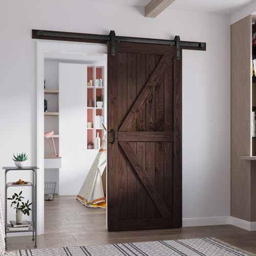 Image of FREDBECK 36 x 84 Brown Wood Barn Door with Hardware Included,K-Frame,Coffee
