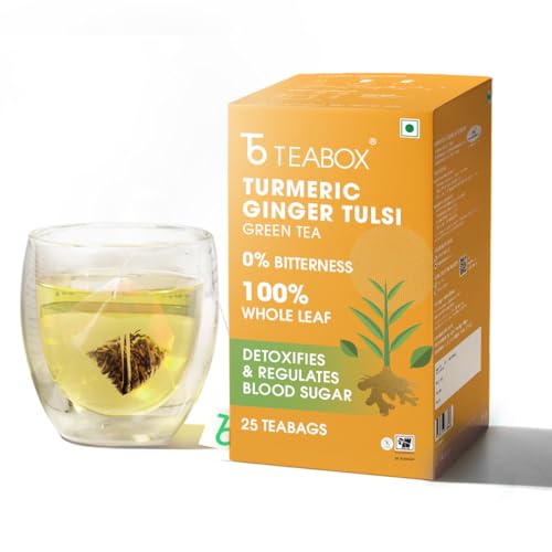 Image of Teabox Turmeric Ginger Tulsi Green Tea Bags 25 Pieces | Flavorful & Soothing | Made with Whole Leaf, Natural Ginger, Turmeric & Tulsi