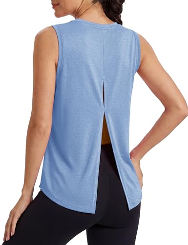 Image of MAGCOMSEN Workout Tank Tops Woman Summer Open Back Yoga Athletic Shirts Sleeveless Tie Back Loose Fit Gym Muscle Tank