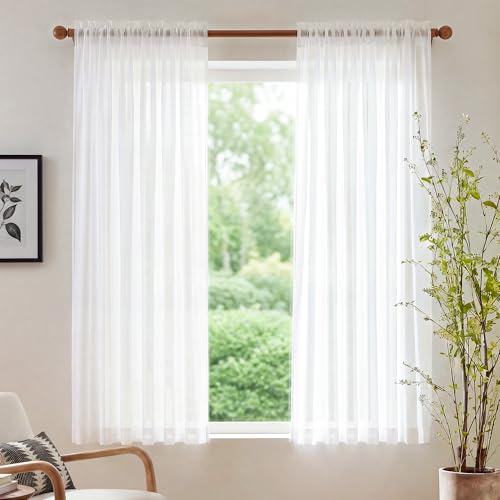 Image of NICETOWN Beige Sheer Curtains 63 Inches Long, W42xL63, 2 Panels | Rod Pocket Lightweight Drapes Light Filtering Airy Voile Sheer Window Treatments for Bathroom /Bedroom