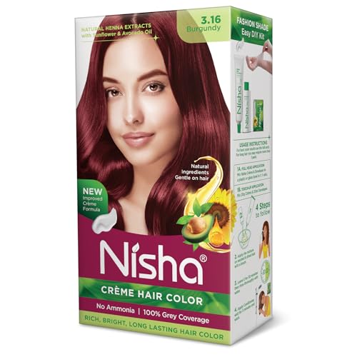 Nisha Creme Hair Color for Women - Burgundy, 60g+60ml, Long-lasting, 100% Grey Coverage Permanent Hair Colour for Soft, Shiny, Healthy Hair