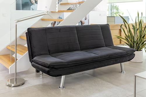 DUPI Sofá Cama Bubble 3 plazas Tapizado en Tela de Terciopelo Sistema Apertura de Libro. Sofá: 180 x 84 x 70 cm Cama: 180 x 39 x 106 cm (Negro)