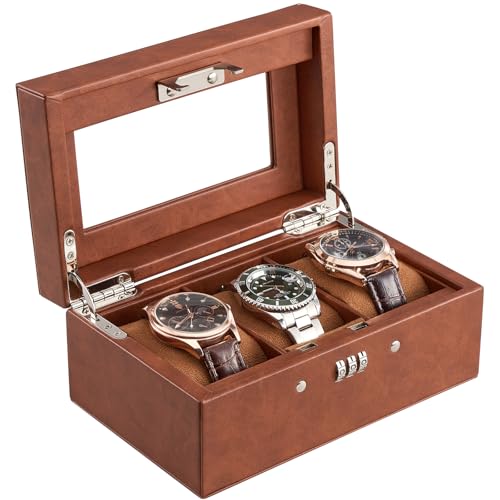 ProCase Lockable Watch Case, 3-Slot Display Storage Box with Glass Lid, Scratch-Free Velvet Lining & Combination Lock, Secure Watch Organizer for Men,