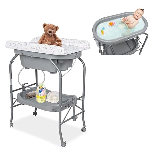 Image of kinbor Bathinette & Baby Changing Table - Folding Baby Diaper Station with Baby Bath Tub Unit, Infant Portable Bathtub, Nursery Organizer w/Wheels and Storage Tray (Gray)