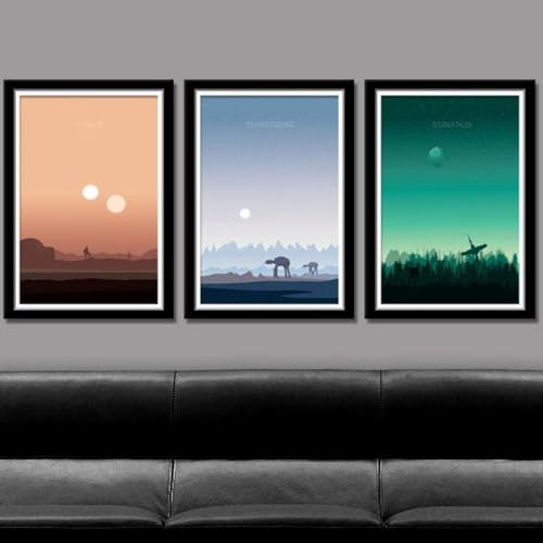 RIESKAS Póster e impresiones inspiradas en Star Wars, paisaje de puesta de sol, minimalista, lienzo para pared de sala de estar, decoración del hogar, 50 x 70 cm, 3 piezas, sin marco