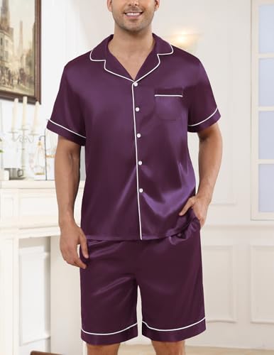Image of Veseacky Mens Silk Satin Pajamas Set Short Sleeve Sleepwear Button-Down Pjs Sets Two-Pieces Loungewear with Pockets S-XXL