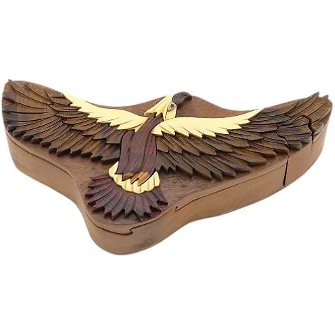 Hawk - All Natural Wood Intarsia Puzzle Box - Handcrafted with Secret Compartment Cover
