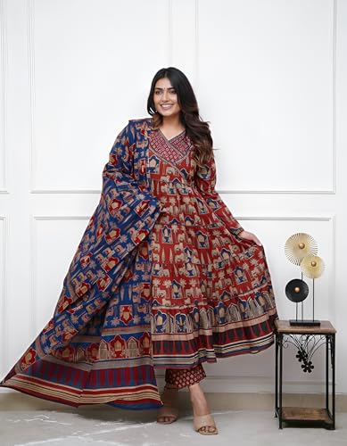Image of Leriya Fashion Kurta Sets for Woman | Printed Jaipuri Ajrakh Kurta Set With Dupatta for Women | Kurti Set for Woman | Anarkali Suit for Women | Traditional Anarkali Salwar Suit for Party Outfits Kurtis