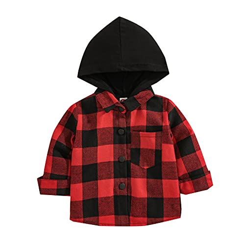 Image of TIMOGG Kids Little Boys Girls Baby Long Sleeve Button Down Hooded Plaid Shirt Red Plaid Flannel Outfits
