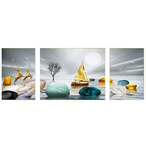 Broderie diamant 5D voilier doré décoration murale triptyque chic 130x50