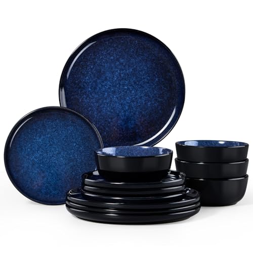 Homikit Plates and Bowls Set, 12-Piece Dinner Stoneware Set for 4 People, Reactive Glaze Dinnerware Crockery for Kitchen Dining, Microwave and Dishwasher Safe - Modern Blue