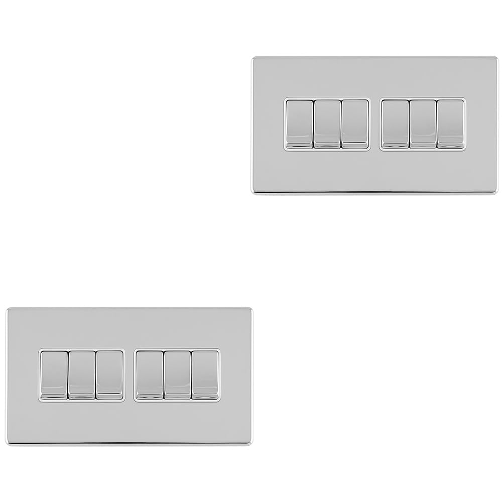 Multi-Lichtschalter, 6-Gang-Multi-Lichtschalter, schraubenlos, poliertes Chrom, 2-Wege, 10 A, Wippschalter, dekorative Küche, Wohnzimmer, Schlafzimmer, 2 Stück
