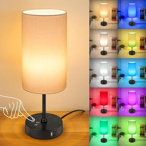 Unicozin Small Table Lamp, 3 CCT 3000K/4500K/6500K & RGB Color Changing, Stepless Dimmable Bedside Lamp for Reading, Touch Control Ambience Nightstand Light for Home Decor Party, Cream Shade Cover