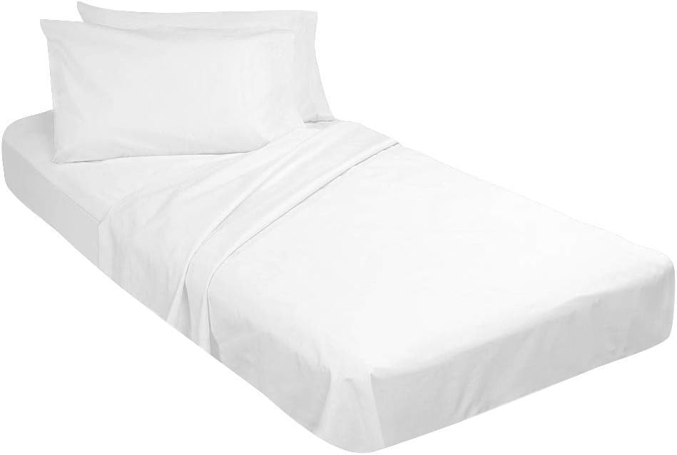 100% Egyptian Cotton, 4 Piece Toddler Bed Set-Fitted Bottom Sheet, Flat Top Sheet, Standard Size Pillowcase, White-8 Inch Pocket Length