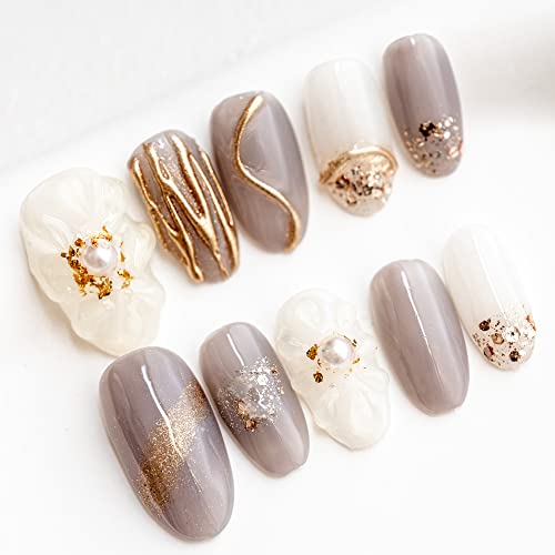 Sun&Beam Nails Handmade Press On Nails Medium Oval Taupe Cream Gold Pearl Foil Glossy 10 Pieces Easy Manicure for Everyday Wear and Going Out (#014 XS)