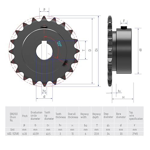 Image of 20 Tooth Roller Chain Sprocket B Type Hardened Teeth, 25 Chain Sigle Strand 1 /4-Inch Pitch, 20mm Bore Black Oxide C45 Carbon Steel, Keyway with Fasten Screws for 04C Chain
