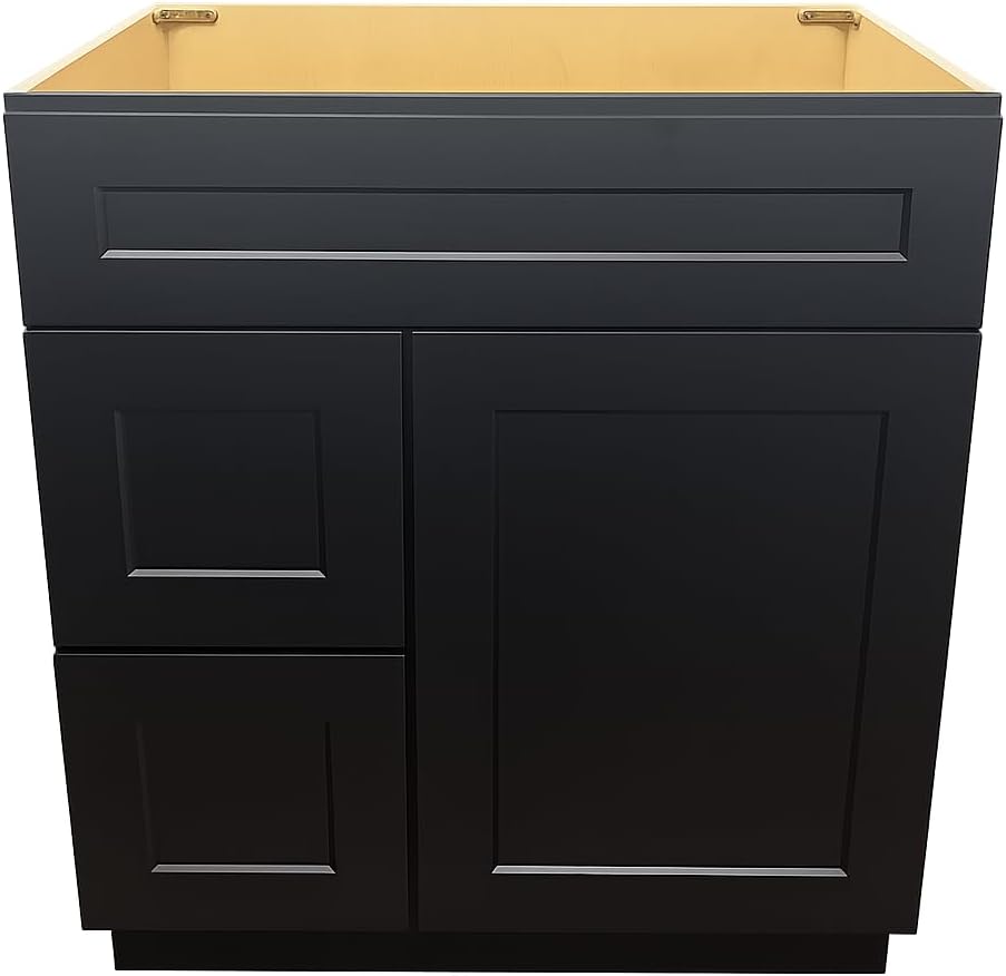 Black Shaker Bathroom Vanity Base 30" with Drawers – Solid Wood & Plywood Construction, Soft-Close Doors, Ready-to-Assemble Sink Cabinet (Base Only, No Top)