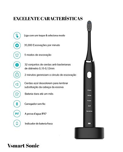 Escova Dental Elétrica Recarregável Vsmart Sonic Essencial 5 Modos De Limpeza Preta