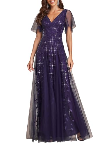 Ever-Pretty Women's V Neck Short Sleeve Elegant Floor Length A Line Long Tulle Evening Dresses Dark Purple 18UK